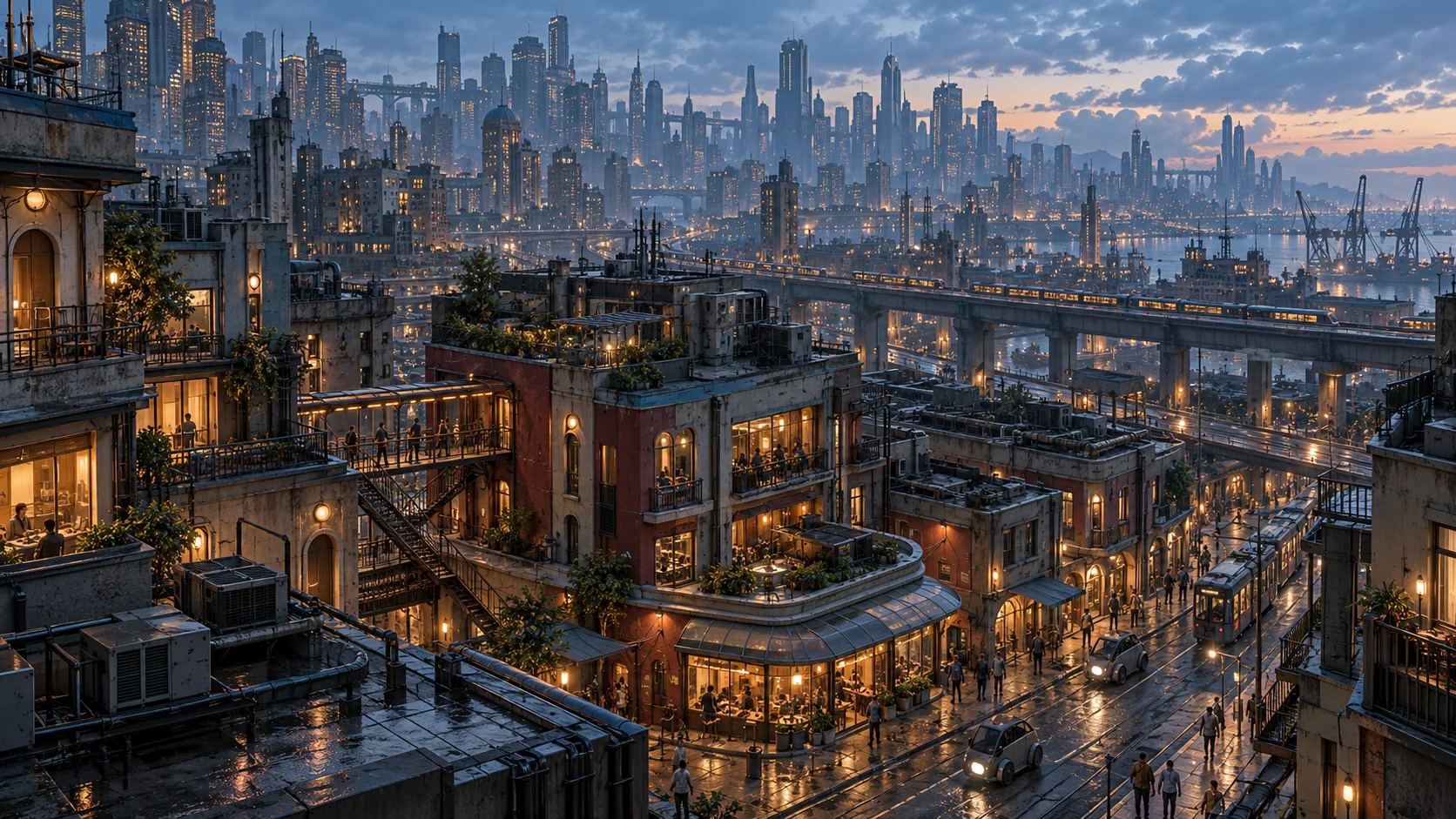 Generated city-scale concept of dense Tivolio neighborhoods, layered streets and infrastructure stretching into the skyline
